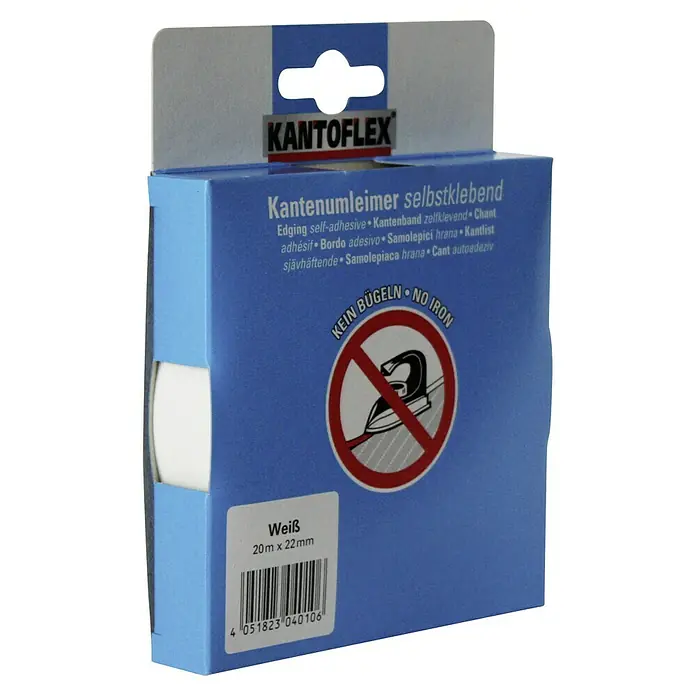 Kantoflex Umleimer - Weiß, 20 m x 22 mm - Bild einer Packung KANTOFLEX selbstklebendes Kantenband, weiß, 20 m x 22 mm, mit Bügelverbotssymbol.