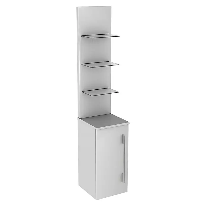 Camargue Stella Seitenschrank - 30,4 x 32,5 x 151,6 cm, Weiß - Weißes Badezimmerregal mit drei Glasböden und einem Schrank mit Griff für zusätzlichen Stauraum.