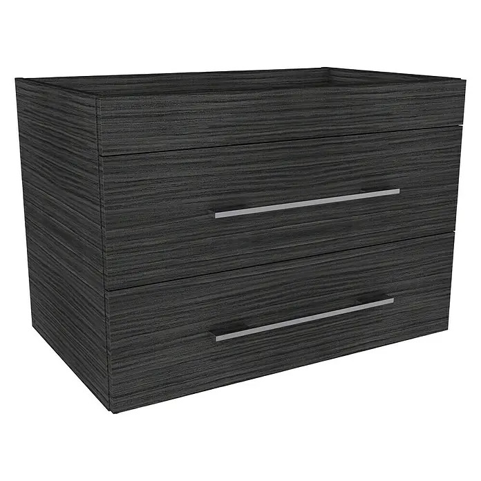 Camargue Stella K Badmöbel-Set K82D12 - Gesamtbreite Badmöbel: 80 cm, Dark Oak, Matt, 3 -tlg. - Schubladenschrank in dunkler Holzoptik mit zwei silberfarbenen Griffen vor schwarzem Hintergrund.