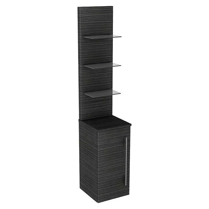 Camargue Stella Seitenschrank - 30,4 x 32,5 x 151,6 cm, Dark Oak - Moderne Bar mit dunklem Holzdekor, ausgestattet mit Regalen und einem Schrank mit Griff.