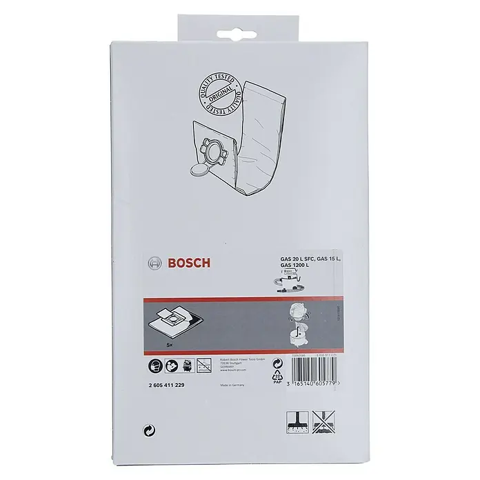 Bosch Staubsaugerbeutel5 Stk., Passend für: GAS 20 L PROFESSIONAL - Verpackung von Bosch Staubsaugerbeuteln, geeignet für GAS 20 L SFC, GAS 15 L und GAS 1200 L, mit Qualitätssiegel.