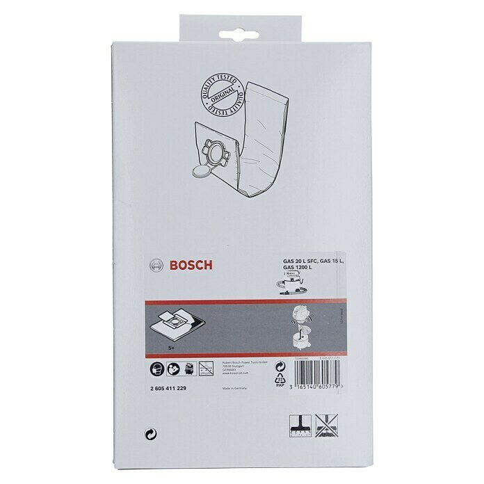 Bosch Staubsaugerbeutel5 Stk., Passend für: GAS 20 L PROFESSIONAL Front View