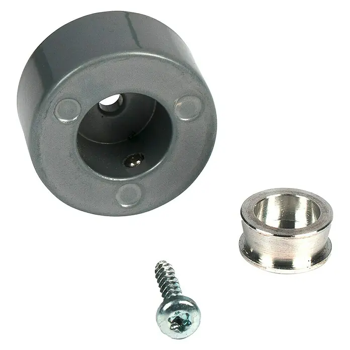 Dolle Wandanschluss PS 8 - Grau Metallic, Passend für: Dolle Holzhandläufe - Nahaufnahme eines grauen Möbelbeins mit Schraube und Metallbuchse, geeignet für Reparaturen und Möbelbau.