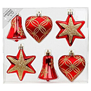 Christbaumschmuck Sterne, Glocken und Herzen (Rot, Kunststoff, 6 Stk.)