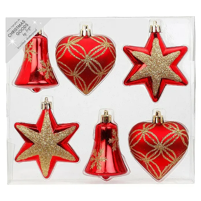 Christbaumschmuck Sterne, Glocken und Herzen - Rot, Kunststoff, 6 Stk. - Ein Set mit sechs roten Christbaumkugeln in Herz-, Stern- und Glockenform, verziert mit goldenen Akzenten, in einer transparenten Verpackung.