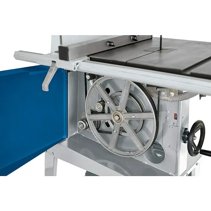 Scheppach Bandsäge BASA3 - 800 W, Durchlasshöhe: 205 mm, Durchlassbreite: 306 mm - Nahaufnahme einer Bandsäge, die die Mechanik und das Sägeblatt des Werkzeugs zeigt.