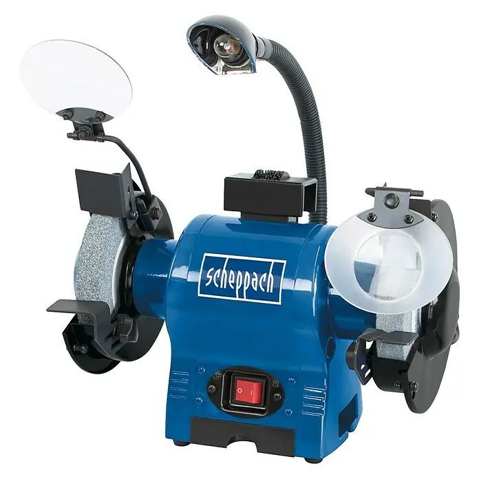 Scheppach Elektro-Doppelschleifer BG 150 - 370 W, Durchmesser Trockenschleifscheibe: 150 mm - Scheppach Doppelschleifer mit Schleifscheiben und Arbeitsleuchte, ideal zum Schärfen von Werkzeugen und anderen Materialien.