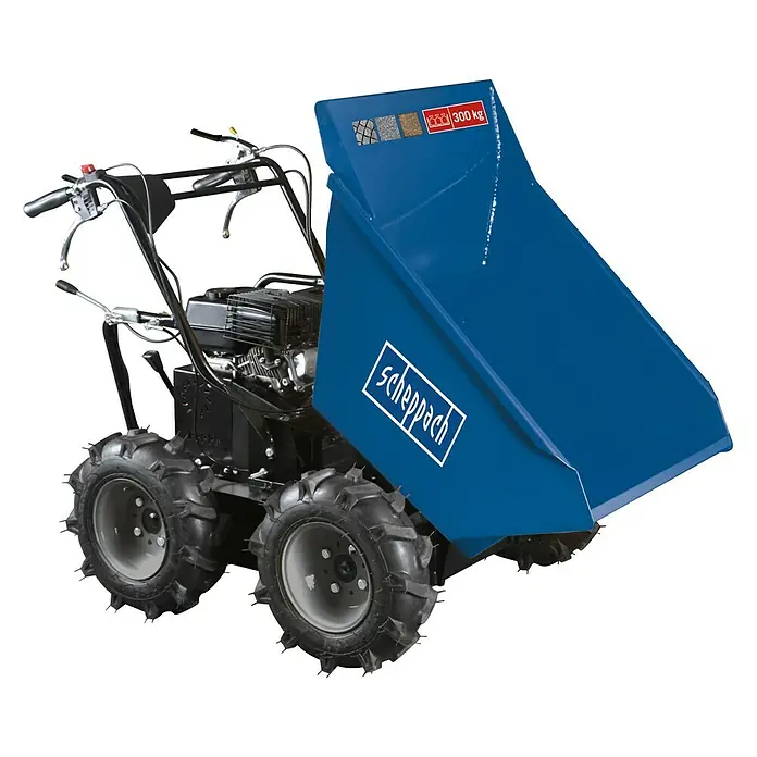 Scheppach Raddumper DP 3000 - 4.100 W, 196 cm³, Fassungsvermögen: 125 l, Benzin - Abbildung eines Scheppach Mini-Dumper, einer vielseitigen Maschine für den Transport von Materialien auf Baustellen und in Gärten.