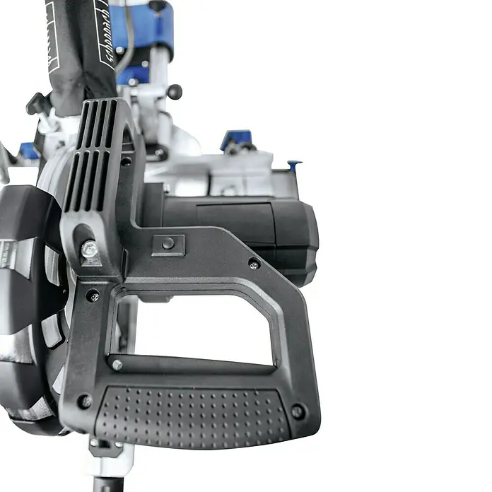 Scheppach Kappzugsäge HM 254 - 2.000 W, Durchmesser Sägeblatt: 255 mm, 4.500 U/min - Nahaufnahme einer Scheppach Kappsäge, die die Details und das Design des Werkzeugs hervorhebt.