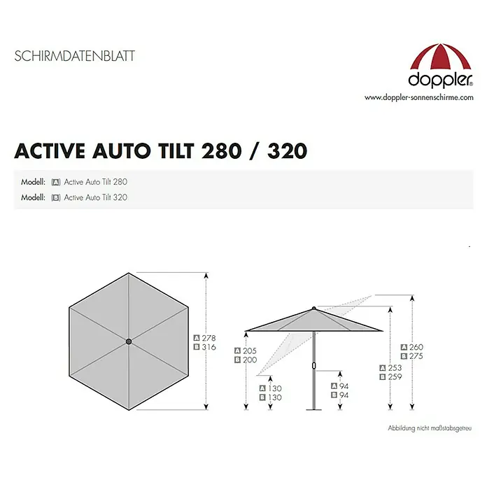 Doppler Active Marktschirm rund Auto Tilt - Greige, Durchmesser Bespannung: 320 cm - Produktdatenblatt für den Doppler Active Auto Tilt Sonnenschirm 280/320 mit Abmessungen und Details zu den Modellen.