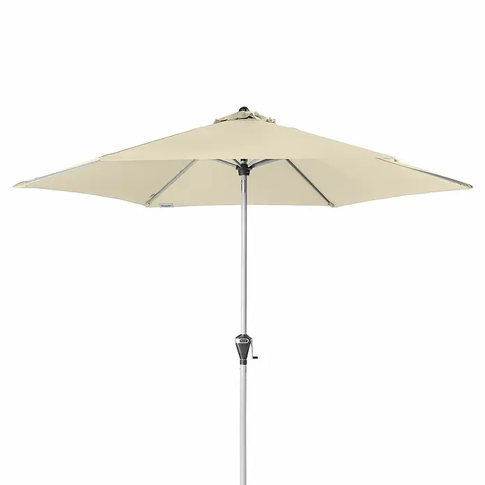 Doppler Active Marktschirm rund Auto Tilt - Natur, Durchmesser Bespannung: 280 cm - Ein cremefarbener Sonnenschirm mit quadratischer Form und einem stabilen, silberfarbenen Mast für den Außenbereich.