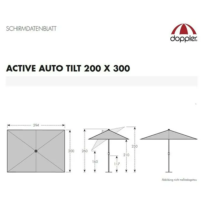 Doppler Active Marktschirm Auto Tilt - Natur, Bespannungsmaß (L x B): 300 x 200 cm - Abbildung des Sonnenschirms Active Auto Tilt 200 x 300 mit Maßangaben zu Höhe, Breite und Tiefe für eine detaillierte Produktansicht.