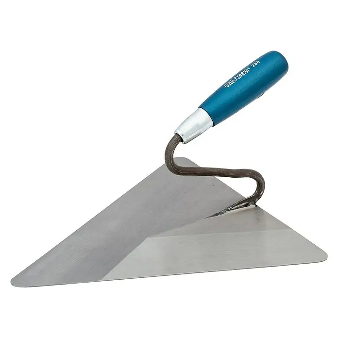 Jung Henkelmann Berliner-Maurerkelle - Länge: 280 mm, Qualitätsstahl gehärtet - Nahaufnahme einer Eckspachtel mit blauem Griff, ideal für präzise Eckenbearbeitung beim Verputzen und Mauern.
