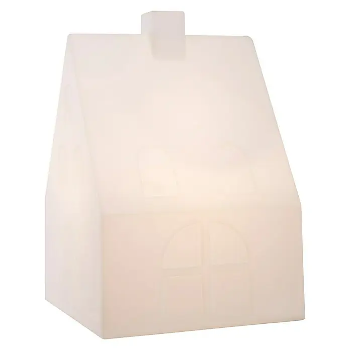 8 Seasons Design Shining Dekoleuchte House - 9 W, Weiß, L x B x H: 39 x 39 x 57 cm - Das Bild zeigt eine weiße Hauslampe mit Schornstein und Fenstern, ideal für Kinderzimmer oder als dekoratives Lichtelement.