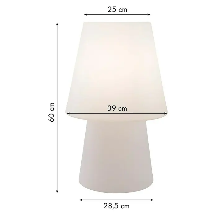 8 Seasons Design No. 1 LED-Dekoleuchte - 6 W, Weiß, L x B x H: 39 x 39 x 60 cm - Abbildung einer Tischlampe mit den Maßen 25 cm (oben), 39 cm (Mitte), 28,5 cm (unten) und einer Höhe von 60 cm.