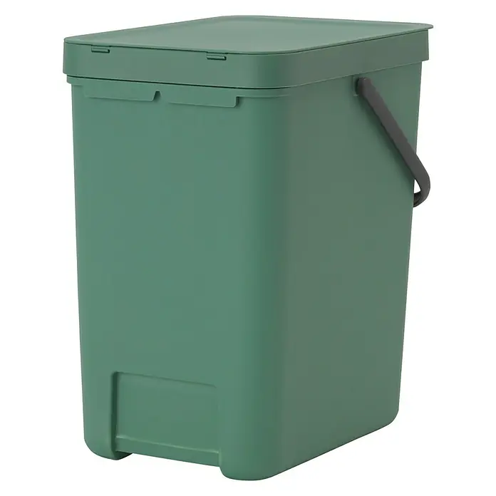 Brabantia Cubo de basura empotrado Sort & Go - 25 l, Verde oscuro, Plástico - Contenedor de compost verde con tapa y asa para la cocina para la eliminación de residuos de alimentos y el reciclaje.