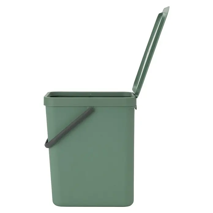 Brabantia Cubo de basura empotrado Sort & Go - 25 l, Verde oscuro, Plástico - Un cubo de basura verde con tapa y asa gris, ideal para la cocina y el compostaje.