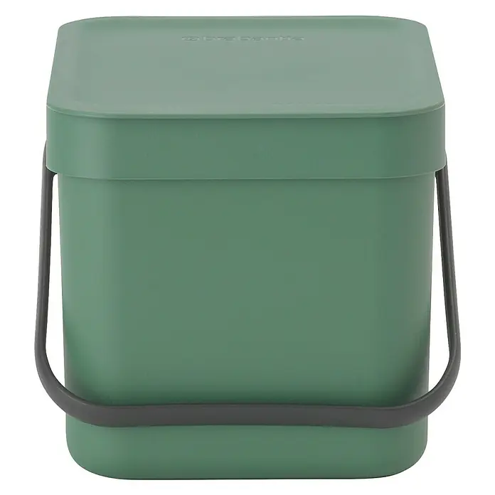 Brabantia Cubo de basura empotrado Sort & Go - 6 l, Verde oscuro, Plástico - Esta imagen muestra un cubo de compostaje verde de Brabantia con asa gris y tapa a juego, ideal para residuos de cocina.