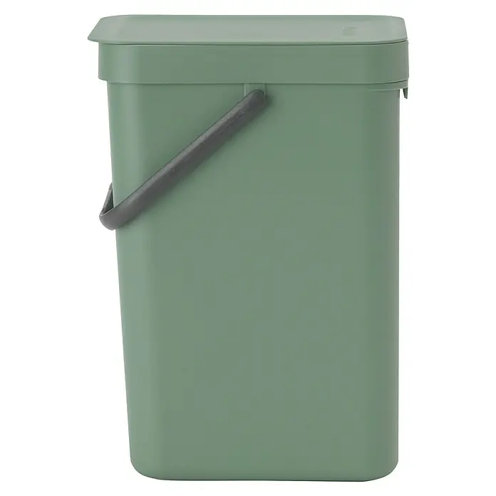Brabantia Cubo de basura empotrado Sort & Go - 12 l, Verde oscuro, Plástico - Un cubo verde rectangular con tapa y asa gris, ideal para la separación de residuos y el compostaje en el hogar.