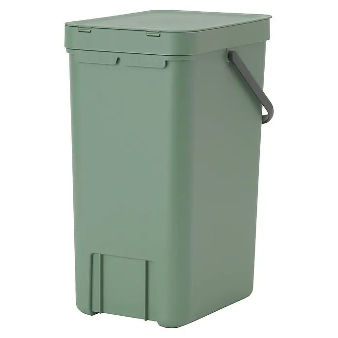 Brabantia Cubo de basura empotrado Sort & Go - 16 l, Verde oscuro, Plástico - Un cubo de basura rectangular verde con asa y tapa grises. El cubo de basura tiene un diseño moderno y ahorra espacio.