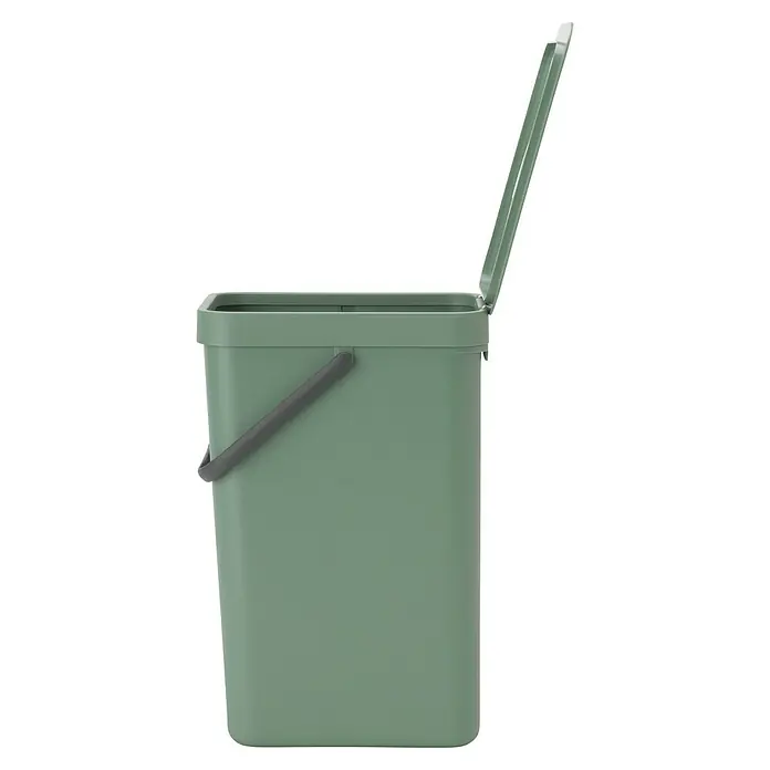 Brabantia Cubo de basura empotrado Sort & Go - 16 l, Verde oscuro, Plástico - Un cubo de compostaje verde con tapa abierta y asa gris. Práctico para residuos de cocina y fácil de limpiar.