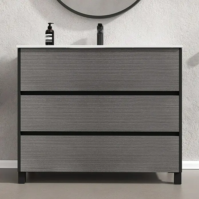 Artysan Conjunto de mueble de baño Africa - Ancho: 100 cm, 3 pzs., Ceniza, Mate - Mueble de baño gris con tres cajones, marco negro, encimera y grifo para un baño moderno.