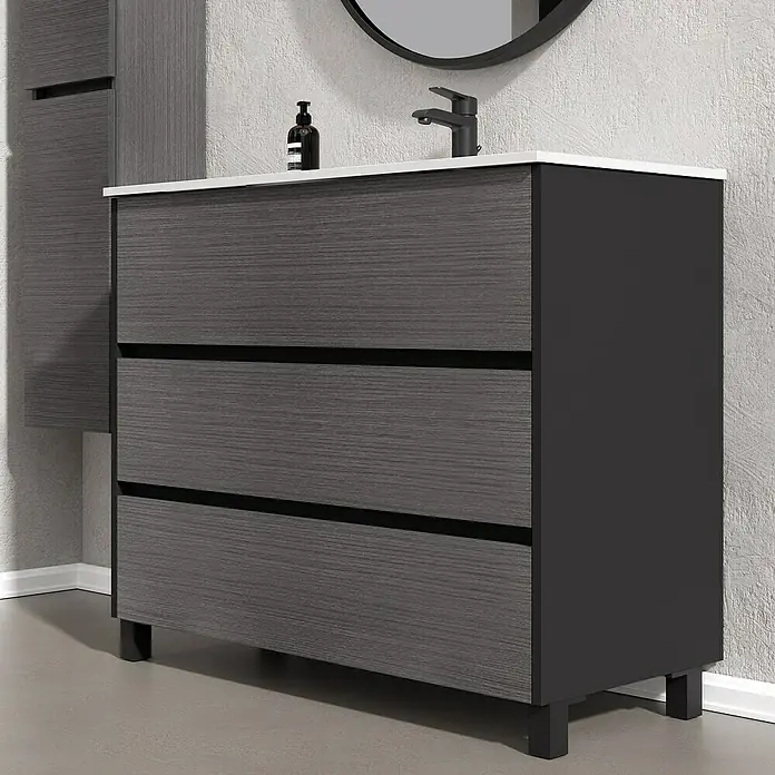 Artysan Conjunto de mueble de baño Africa - Ancho: 100 cm, 3 pzs., Ceniza, Mate - Un tocador de baño gris con tres cajones y una encimera blanca, ideal para baños modernos.