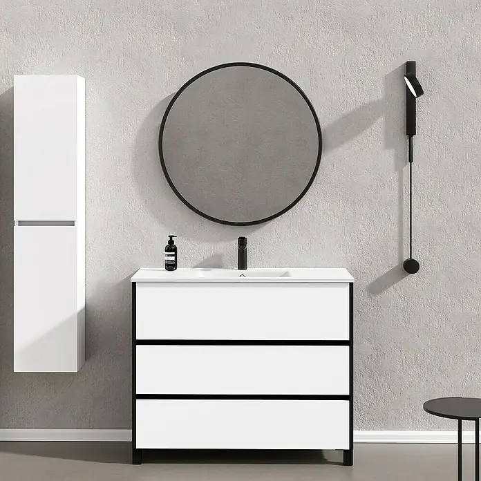 Artysan Conjunto de mueble de baño Africa - Ancho: 100 cm, 3 pzs., Blanco, Mate - Mueble de baño con cajones, espejo y armario a juego para un diseño de baño moderno y elegante.