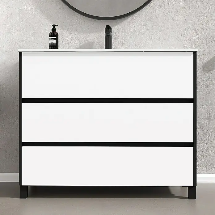 Artysan Conjunto de mueble de baño Africa - Ancho: 100 cm, 3 pzs., Blanco, Mate - Moderno baño con mueble de lavabo blanco y negro para un aspecto elegante y actual.