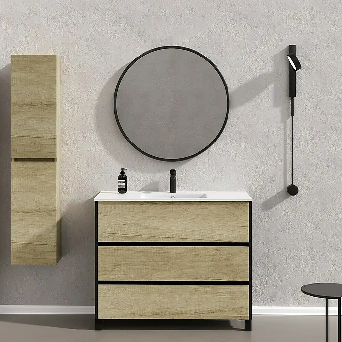 Artysan Conjunto de mueble de baño Africa - Ancho: 100 cm, 3 pzs., Nature, Mate - Un moderno tocador de baño con aspecto de madera con lavabo, espejo y estante, perfecto para un baño elegante.