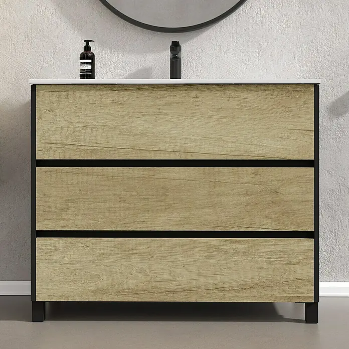 Artysan Conjunto de mueble de baño Africa - Ancho: 100 cm, 3 pzs., Nature, Mate - Elegante mueble de baño con tres cajones de aspecto madera y marco negro, ideal para un baño moderno.