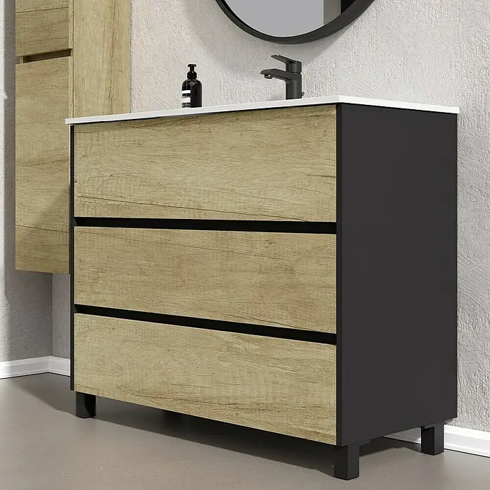 Artysan Conjunto de mueble de baño Africa - Ancho: 100 cm, 3 pzs., Nature, Mate - Un tocador de baño con tres cajones con aspecto de madera y un moderno marco negro.