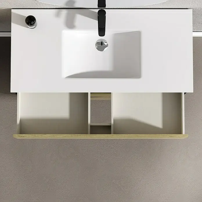 Artysan Conjunto de mueble de baño Africa - Ancho: 100 cm, 3 pzs., Nature, Mate - Vista superior de un mueble de baño con cajón abierto, mostrando almacenamiento y diseño moderno. Perfecto para cualquier baño.