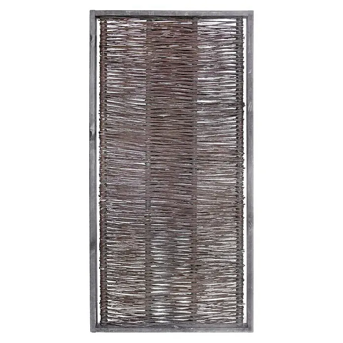 Sichtschutzelement - 90 x 180 cm, Braun - Dekoratives Wandpaneel mit horizontalen, gewebten Elementen und einem Rahmen aus dunklem Holz, ideal für moderne Innenräume.