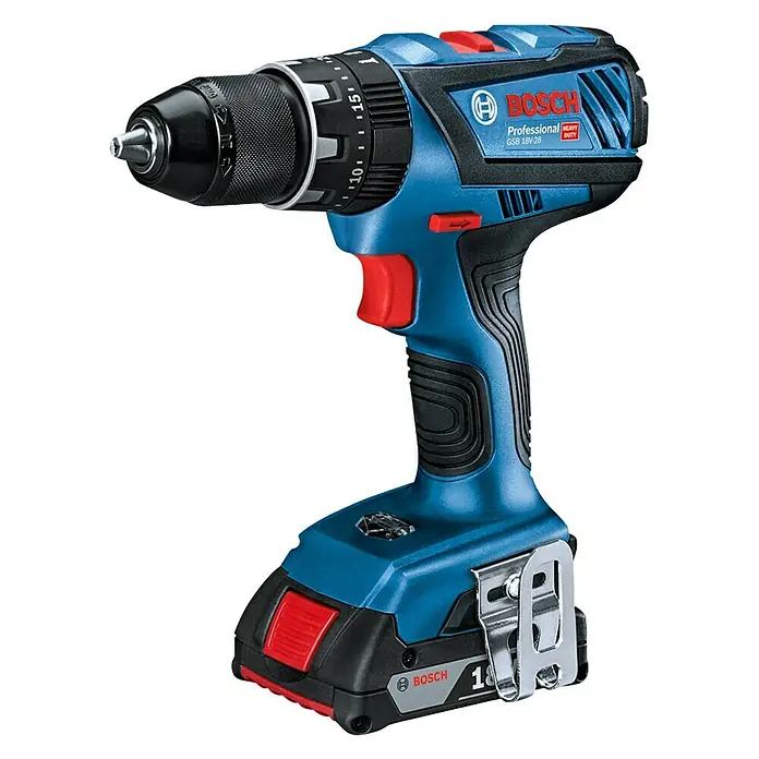 Bosch Professional AMPShare 18V Akku-Schlagbohrschrauber GSB 18V-28 - 18 V, 2 Akkus, 2 Ah - 4 Ah, 63 Nm, Inkl. Zubehörkoffer - Akku-Bohrschrauber von Bosch Professional, blau und schwarz, mit rotem Auslöser und verstellbarem Bohrfutter für Profi-Anwendungen.
