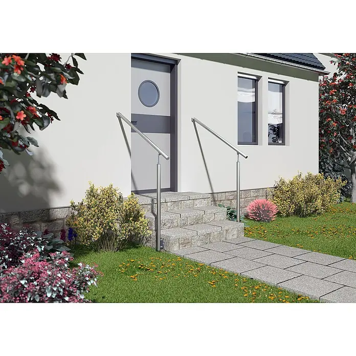 Dolle Geländer-Set PS 071 - Seitenmontage, Aluminium, Länge: 115 cm - Außenansicht eines Hauses mit modernem Edelstahlhandlauf an der Treppe, der Sicherheit und Stil vereint. Attraktive Bepflanzung ergänzt das Erscheinungsbild.