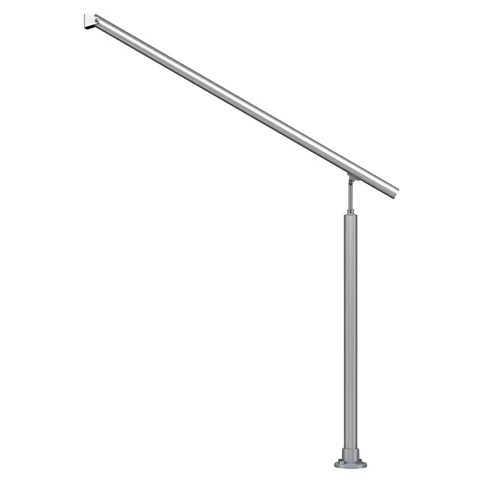 Dolle Geländer-Set PS 070 - Oberbodenmontage, Aluminium, Länge: 115 cm - Silbernes Treppengeländer mit einer geneigten Stange und einer vertikalen Stütze. Das Geländer ist auf einem schwarzen Hintergrund dargestellt.