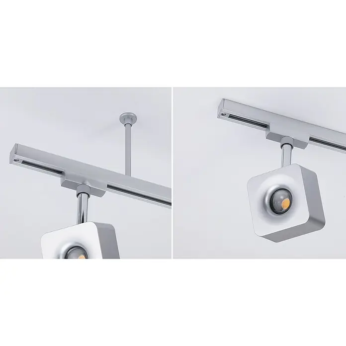 Paulmann URail Schienenabhängung - Chrom matt - Deckenschiene mit quadratischem Strahler in Silber. Das moderne Design beleuchtet jeden Raum stilvoll.