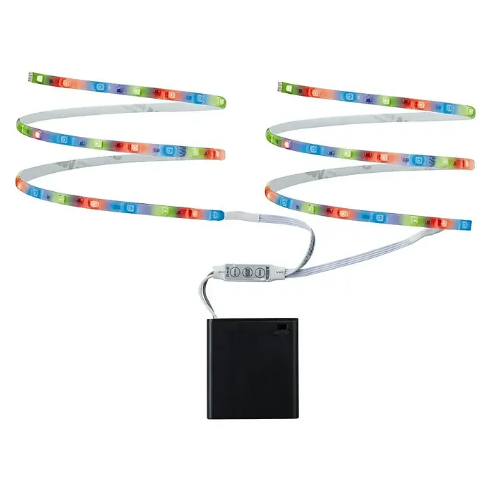 Paulmann LED-Band Function Mobil Strip - Länge: 0,8 m, Lichtfarbe: RGB - Bild von zwei LED-Streifen, die mit einem Controller und einem Akkupack verbunden sind.