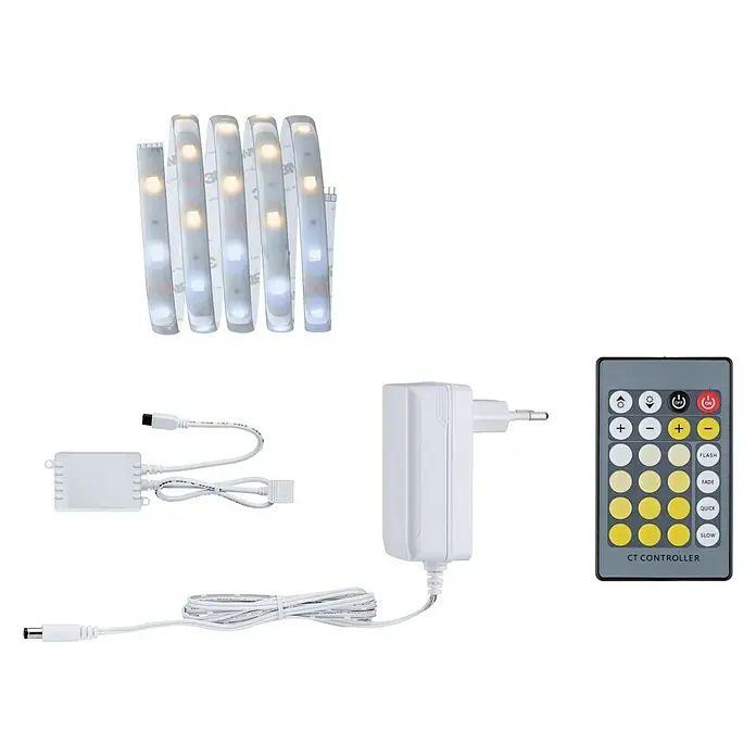 Paulmann MaxLED 250 LED-Band Basisset Tunable White Protecting Cover IP44 - Länge: 1,5 m - Produktbild einer LED-Lichterkette mit Zubehör wie Netzteil und Fernbedienung für stimmungsvolle Beleuchtung.