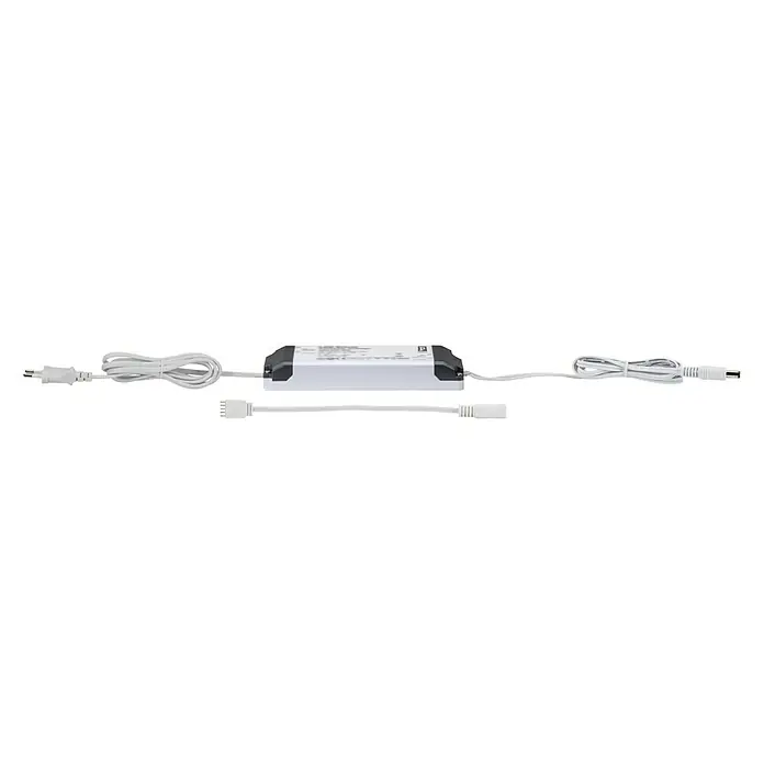 Paulmann MaxLED Stromeinspeisung Power Supply 40VA DC - B x H: 52 x 24 mm, Weiß - Das Bild zeigt ein LED-Netzteil mit Kabeln und Steckern. Das Netzteil ist weiß und rechteckig.