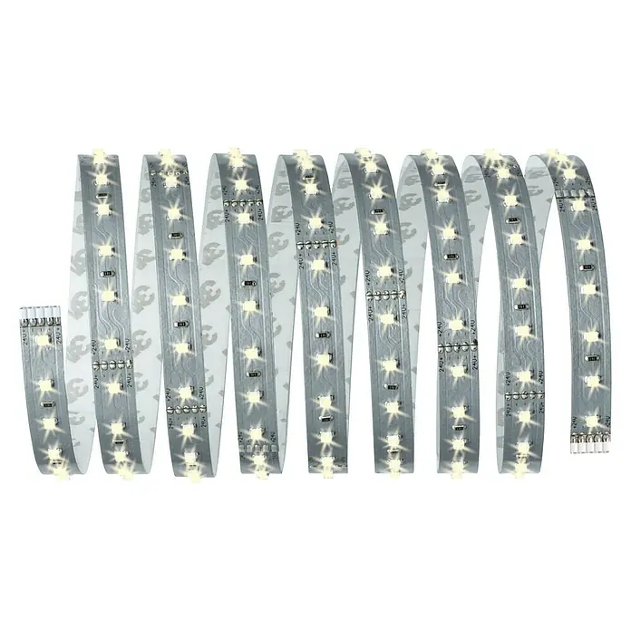 Paulmann MaxLED 500 LED-Band - Länge: 2,5 m, Lichtfarbe: Warmweiß - Nahaufnahme eines LED-Streifens mit warmweißen Lichtern und Kleberückseite, ideal für dekorative Beleuchtungslösungen.