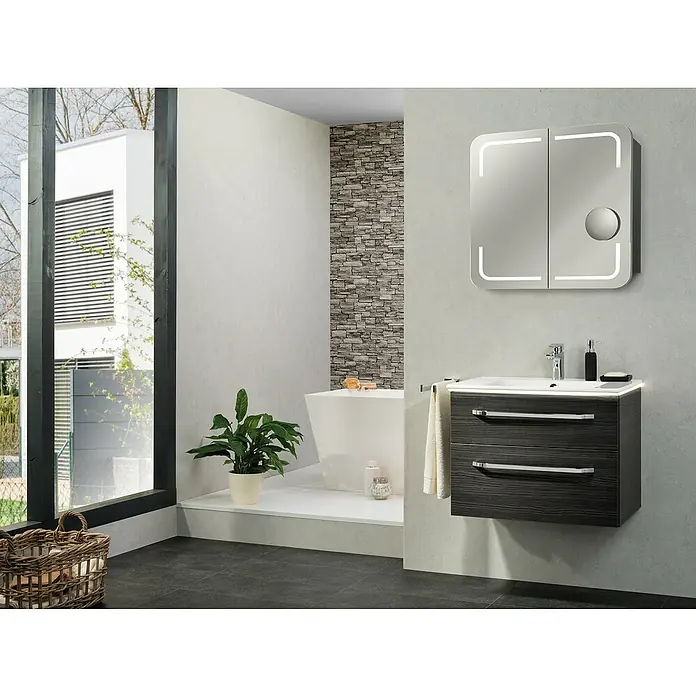 Camargue Star Einbauwaschbecken - 70 x 50 cm, Weiß - Ein modernes Badezimmer mit einem Unterschrank mit Waschbecken und einem beleuchteten Spiegelschrank in einem stilvollen Design.