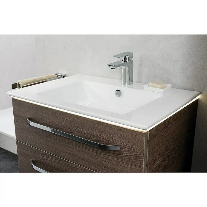 Camargue Star Einbauwaschbecken - 70 x 50 cm, Weiß - Das moderne Badezimmerwaschbecken mit Unterschrank in dunkler Holzoptik und weißem Aufsatzwaschbecken mit LED-Beleuchtung.