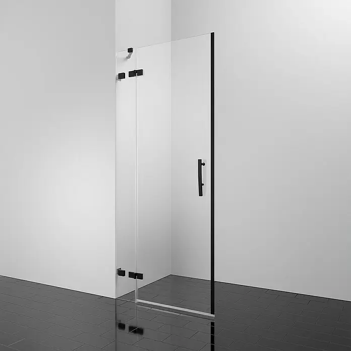 Camargue Air 2.0 Dusch-Drehtür B72L - 77 x 200 cm, Beschichtet, Glasstärke: 8 mm, Schwarz, DIN Anschlag: Links - Klares Duschpaneel mit schwarzen Beschlägen, das ein minimalistisches Baddesign hervorhebt. Die schlanken Linien ergänzen die moderne Ästhetik.