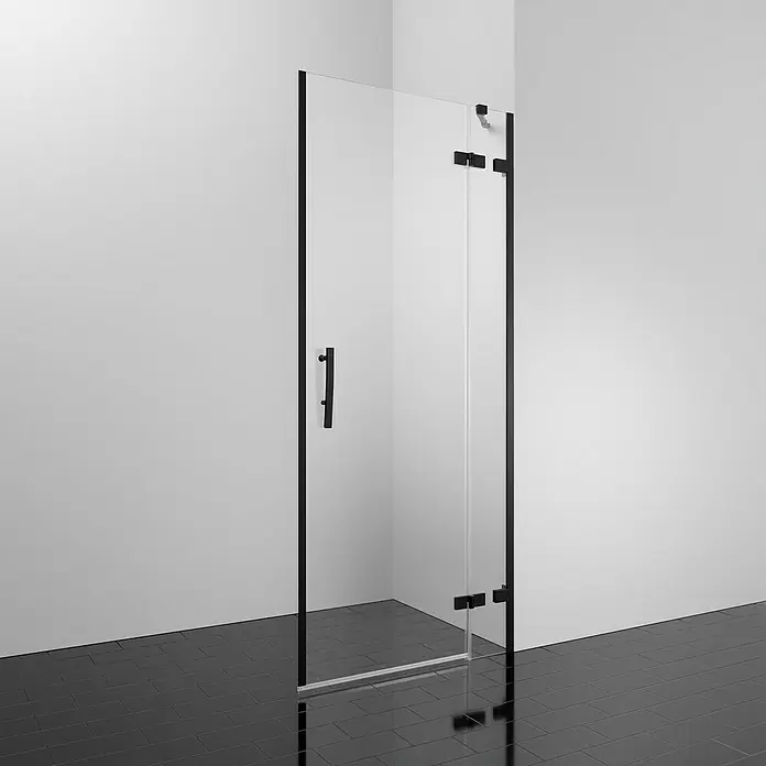 Camargue Air 2.0 Drehtür B74R - 97 x 200 cm, Beschichtet, Glasstärke: 8 mm, Schwarz, DIN Anschlag: Rechts - Schwarze, freistehende Duschwand aus Glas mit Griff und Scharnieren. Minimalistisches Design für moderne Badezimmer mit Fliesenboden.