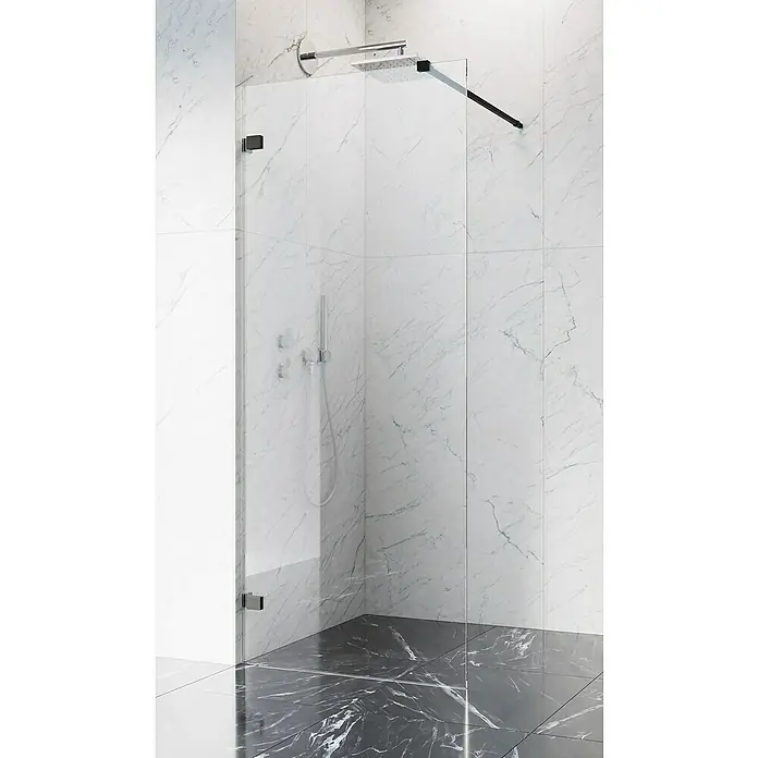 Camargue Air 2.0 Duschwand B78 - B x H: 97 x 200 cm, Beschichtet, Schwarz - Elegante Duschkabine mit klaren Glaswänden und minimalistischen Beschlägen vor einem Hintergrund aus Marmorfliesen.