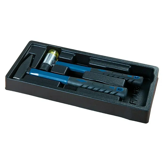 Scheppach Werkstattwagen TW 1000 - L x B x H: 77 x 46 x 97 cm, Stahl, 263 -tlg. - Hammer-Set: Eine Sammlung verschiedener Hämmer, die in einer geformten schwarzen Werkzeugkiste für Ordnung und einfachen Zugriff aufbewahrt werden.