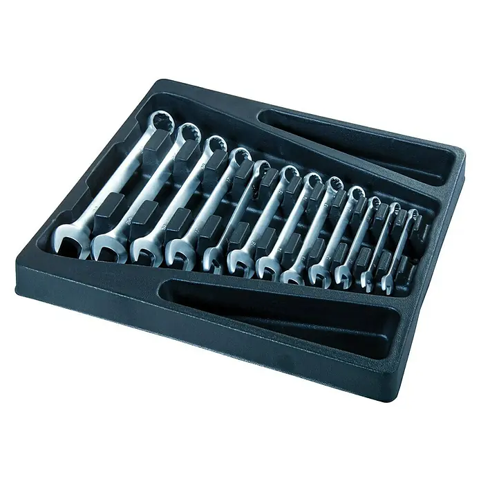 Scheppach Werkstattwagen TW 1000 - L x B x H: 77 x 46 x 97 cm, Stahl, 263 -tlg. - Ein Set verschiedener Schraubenschlüssel, ordentlich in einem schwarzen Kasten angeordnet. Ideal für Werkstatt oder Hobby.