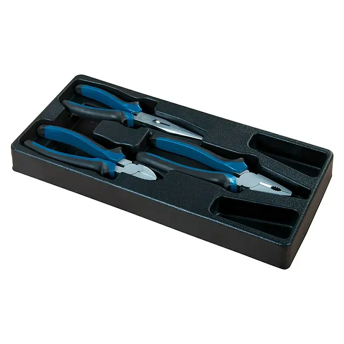 Scheppach Werkstattwagen TW 1000 - L x B x H: 77 x 46 x 97 cm, Stahl, 263 -tlg. - Werkzeugset: Eine schwarze Werkzeugkiste mit drei blauen und schwarzen Zangen für präzises Arbeiten.